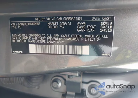 2021 Volvo S60 T5 Inscription из США, поврежденный, VIN 7JR102FL3MG122965